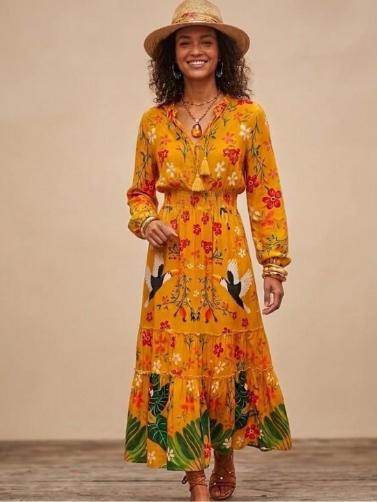 FARM Rio Dresses & Skirts - Farm Rio Anthropologie Mustard Floral Bird Maxi Dress
